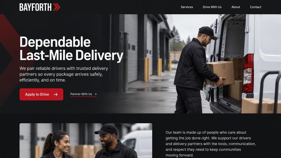 Logistics website design, last-mile delivery recruiting drivers and partners: charcoal page with red chevrons, a driver loading boxes into a white van at a dock, white headline, red apply button, a team photo section below