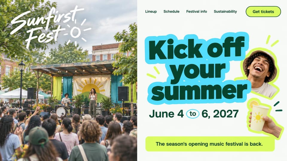 Event website design, summer music festival with cutout photos and lime accents: photo of a crowd before a sunlit outdoor stage, a white script logo, a pale panel with a dark green headline on cyan blocks, lime accents and cutouts of a laughing man and a drink