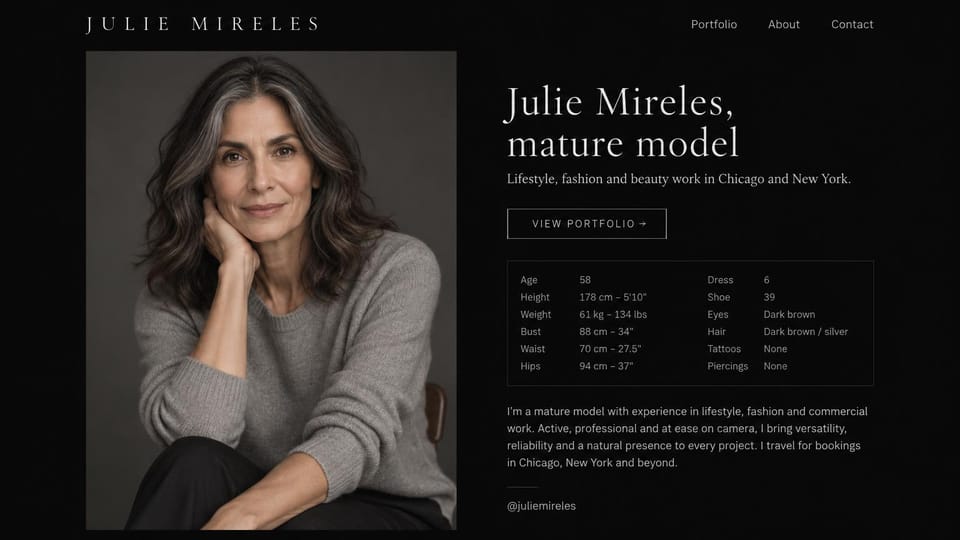 Model portfolio website design, mature model with silver hair and a stats box: black page, a spaced serif name, an outlined portfolio button, a silver-streaked woman in a gray sweater and a boxed stats table