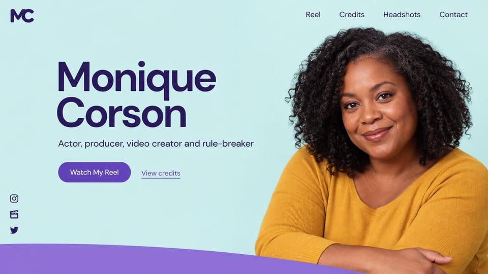 Actor website design, actor and video creator in purple and aqua: pale aqua page, a large deep purple name, a purple reel pill and a smiling woman with curly hair in a mustard sweater