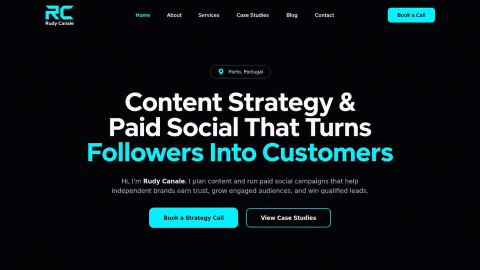 Marketing portfolio website design, paid social in black and electric cyan: black page, a centered bold headline with the last line in cyan, a location tag and cyan buttons