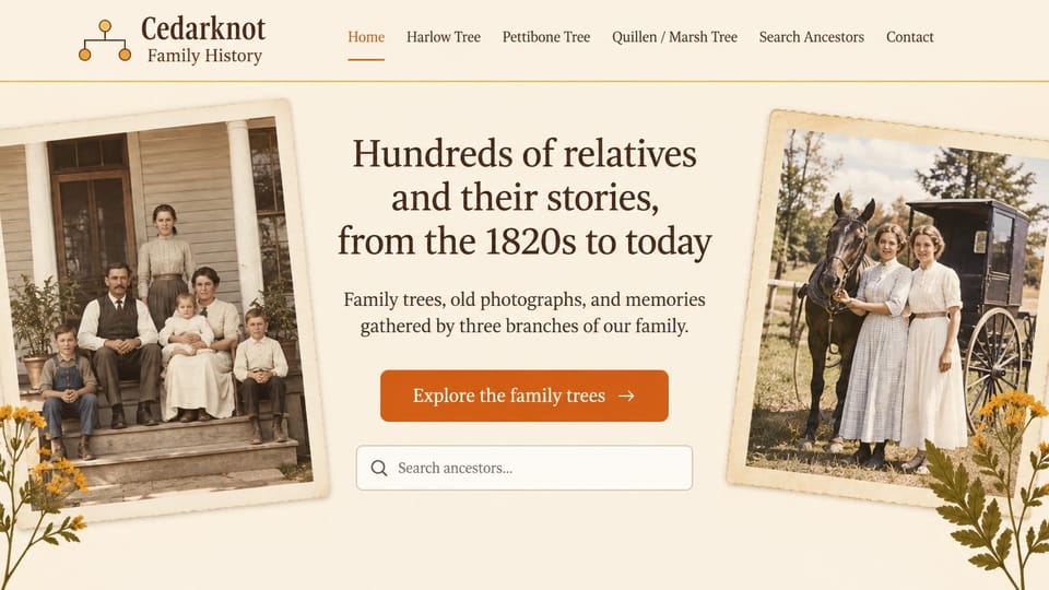 Genealogy website design, three family branches with an ancestor search: warm cream page, brown serif headline, an orange trees button and a search bar between two tilted colorized photos of a farm family and two women with a horse and buggy