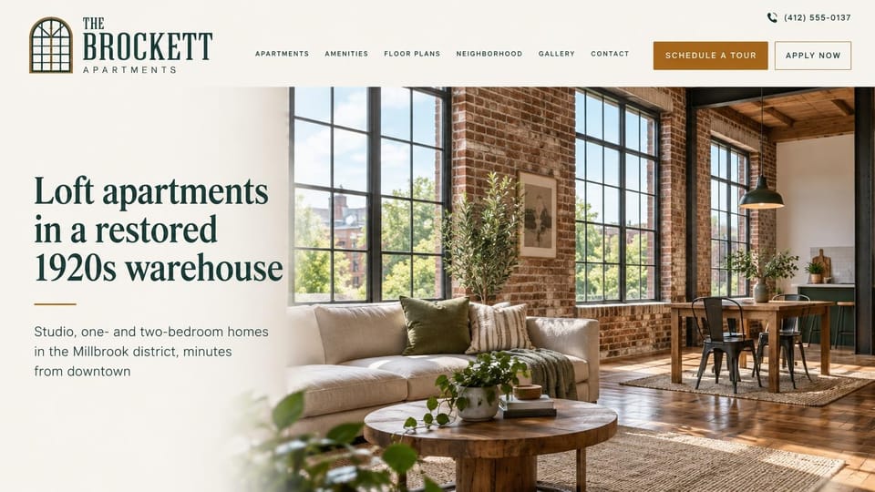 Apartment website design, warehouse lofts in cream and forest green: cream header with an arched window logo and a mustard tour button, a sunlit brick loft living room with tall steel windows, dark green serif headline