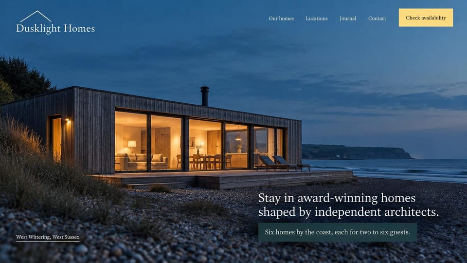 Hotel website design, architect-designed homes by the coast: a modern timber house glowing at dusk on a stony shore, a white serif headline in a dark box
