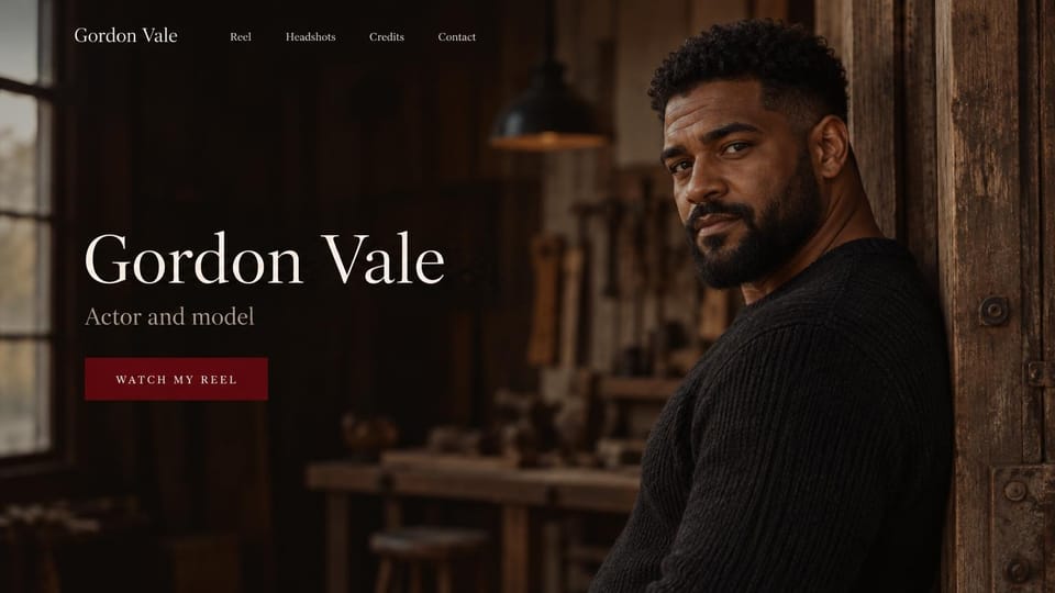 Actor website design, actor and model in a dim workshop: dark wood workshop photo, a light serif name, a deep red reel button and a bearded man in a black sweater leaning on a door frame