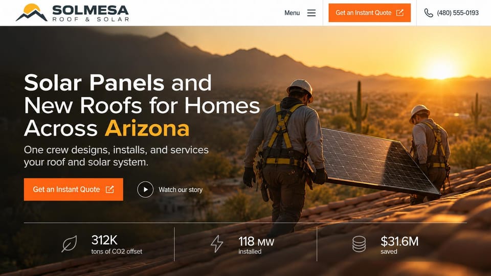 Solar website design, roofing and solar from one crew: white header with an orange quote button, roofers carrying a solar panel across a tile roof at sunset, a large white headline, a row of figures below