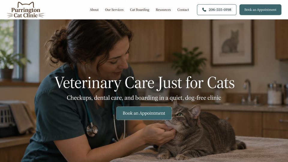 Veterinary website design, cats-only clinic in a quiet exam room: dim photo of a vet gently holding a cat on an exam table, a centered white serif headline, a teal button