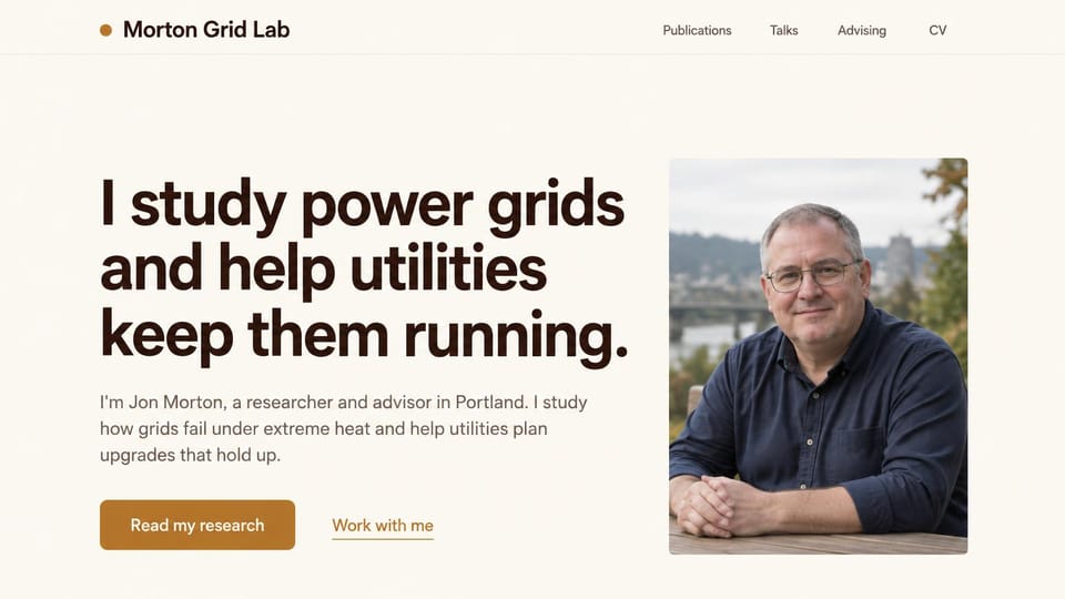 Resume website design, energy researcher with a bold first-person headline: cream page, a large bold dark brown headline, a golden brown research button and a portrait of a smiling gray-haired man in glasses