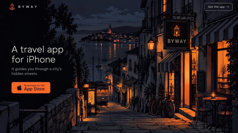 Mobile app website design, travel app in an illustrated night street: illustrated harbor street at night with lanterns, a thin white headline and an orange App Store button