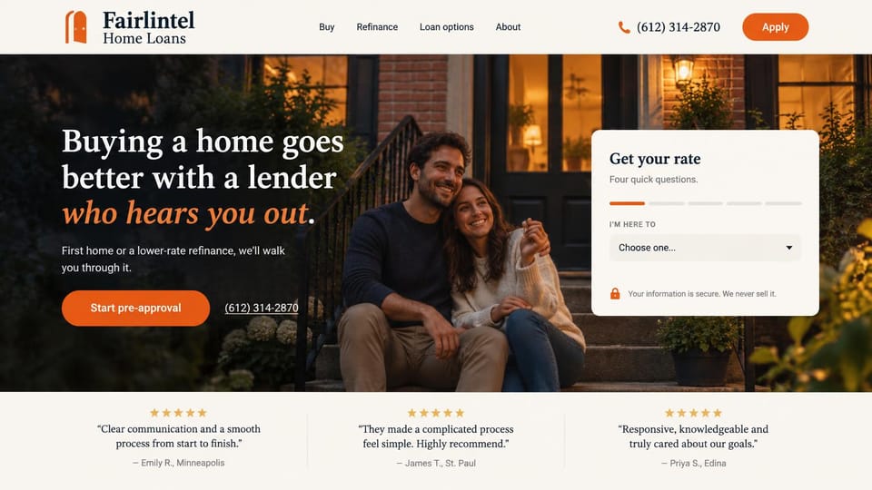 Mortgage website design, lender with a quick rate form and reviews below: light header with a door mark and orange apply button, a dusk photo of a couple on brick steps holding keys, a white headline with an orange italic phrase, a white rate form and three reviews below