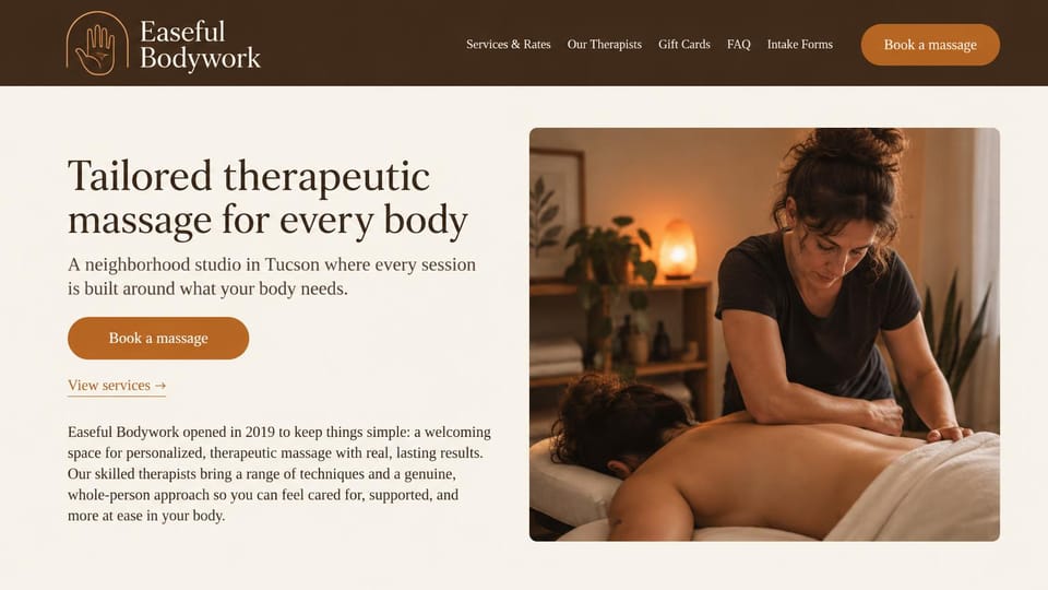 Massage therapist website design, neighborhood massage studio with its story up front: dark brown menu bar over a cream page, a charcoal serif headline, an orange button and a framed photo of a therapist at work