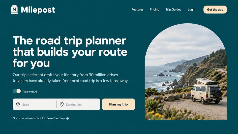 Mobile app website design, road trip planner with the planner in the hero: dark teal, white headline, start and destination fields and an arched photo of a van on a coast road