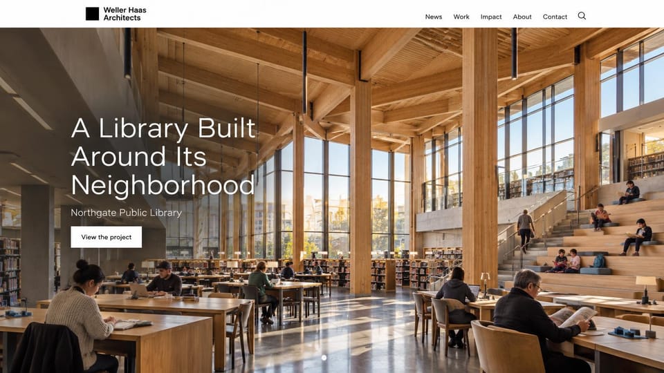 Architecture website design, libraries and public interiors in daylight: sunlit timber library interior with stepped seating and readers, white sans headline at left, white button, small logo on a white nav