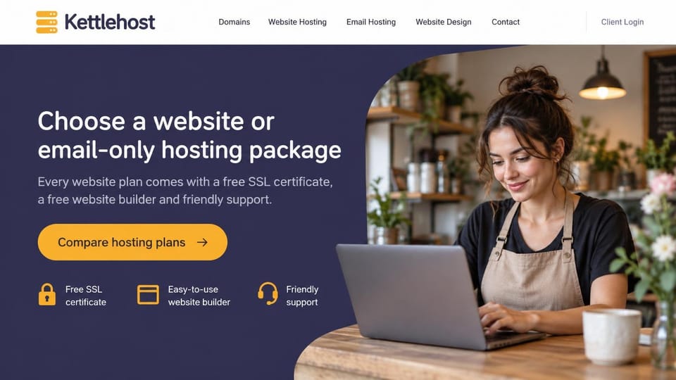 Web hosting website design, website or email-only hosting for cafés and shops: deep navy hero, white headline, a rounded yellow plans button, three yellow icon perks, a curved-edge photo of a smiling woman in an apron typing on a laptop in a café full of plants