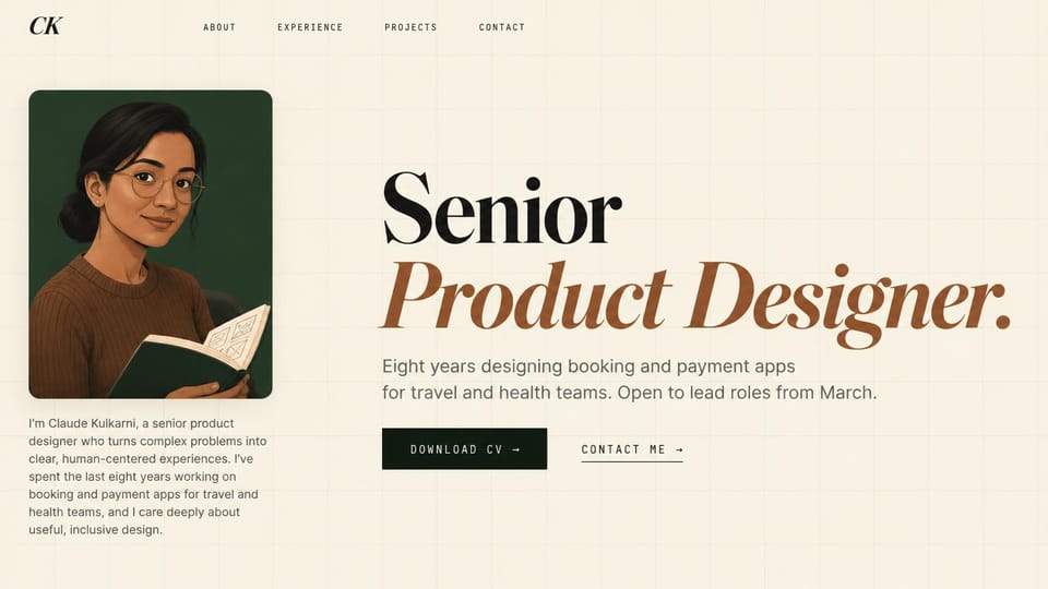 Resume website design, senior product designer with a painted portrait on cream: cream page with a faint grid, a huge black and brown italic serif job title, a black download CV button, an underlined contact link and a painted portrait of a woman in glasses holding a book
