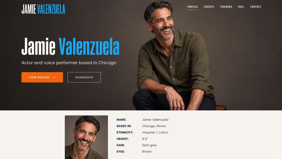 Actor website design, actor and voice performer with a casting profile card: dark brown page, a condensed white and blue name, an orange resume button and a smiling gray-haired man seated, a cream profile card with a headshot and casting details