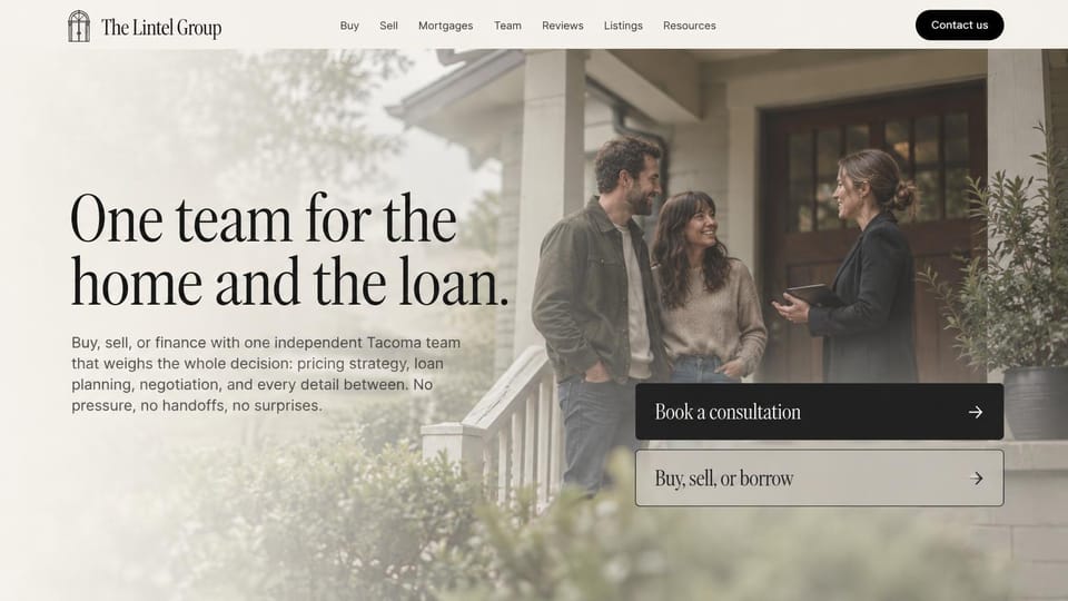 Mortgage website design, real estate and mortgage under one team: misty cream page, large charcoal serif headline, a couple talking with an agent on a porch and two block buttons