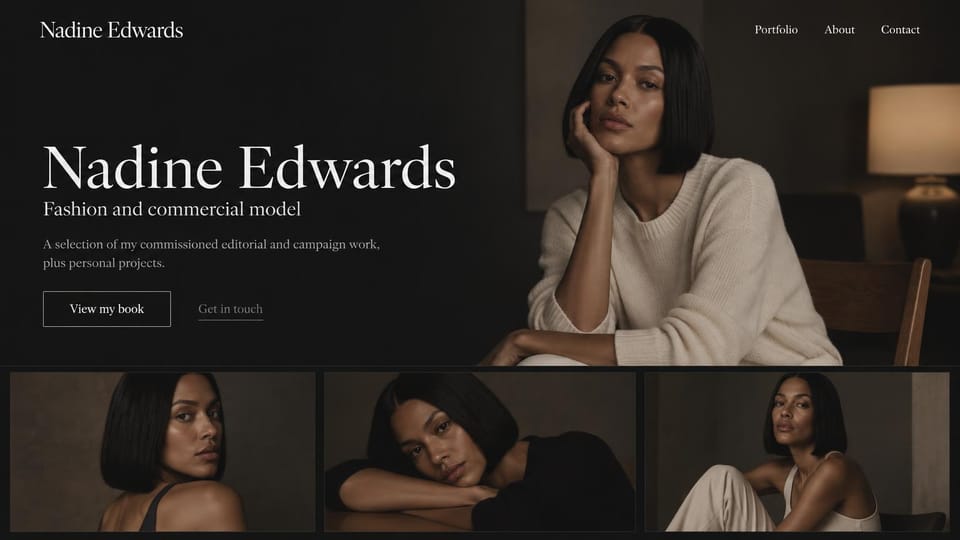 Model portfolio website design, fashion model with a warm lamp-lit portrait: dark brown page, a large cream serif name, an outlined book button, a woman with a sleek bob in a cream sweater seated by a lamp and three warm photos below