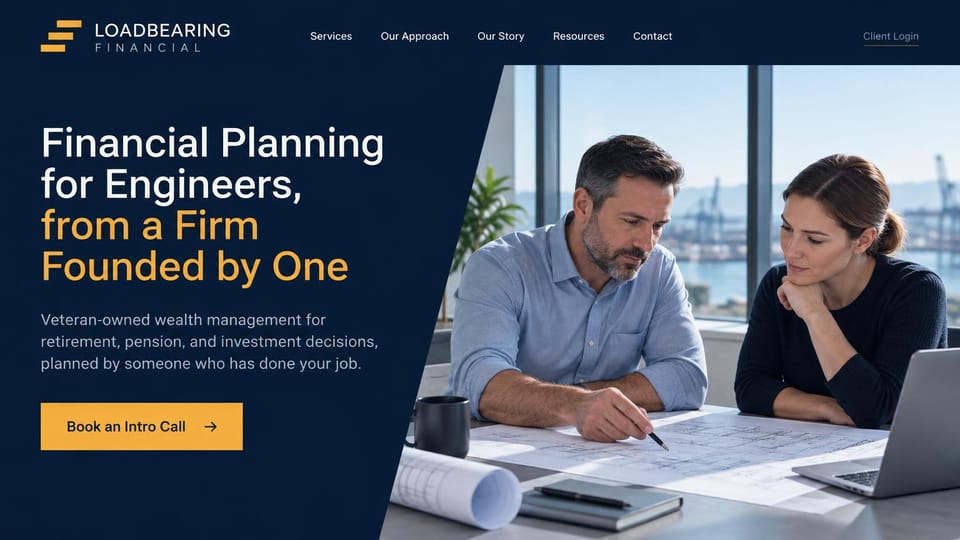 Financial advisor website design, wealth management for engineers: navy page, white and gold sans serif headline, gold intro call button and an advisor reviewing blueprints with a client by a window