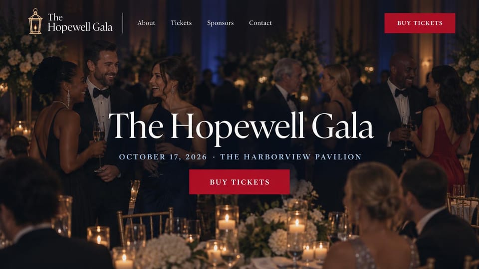 Event website design, fundraising gala with a black-tie ballroom: dark photo of guests in evening wear in a candlelit ballroom, large white serif name, red ticket button