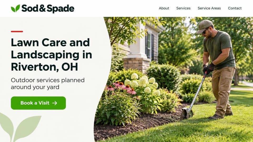 Landscaping website design, local lawn care with a curved text panel: white header, curved off-white panel with a bold dark sans headline and green visit button, a worker in a cap edging a lawn beside a flower bed