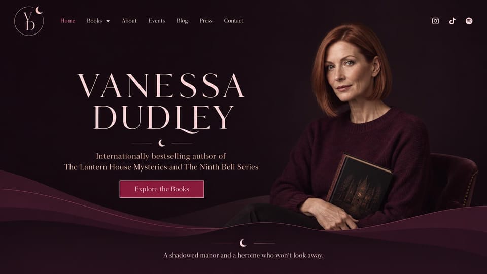 Author website design, mystery series in plum and blush: deep plum and blush, a large spaced serif name, an author holding a book and a pink button