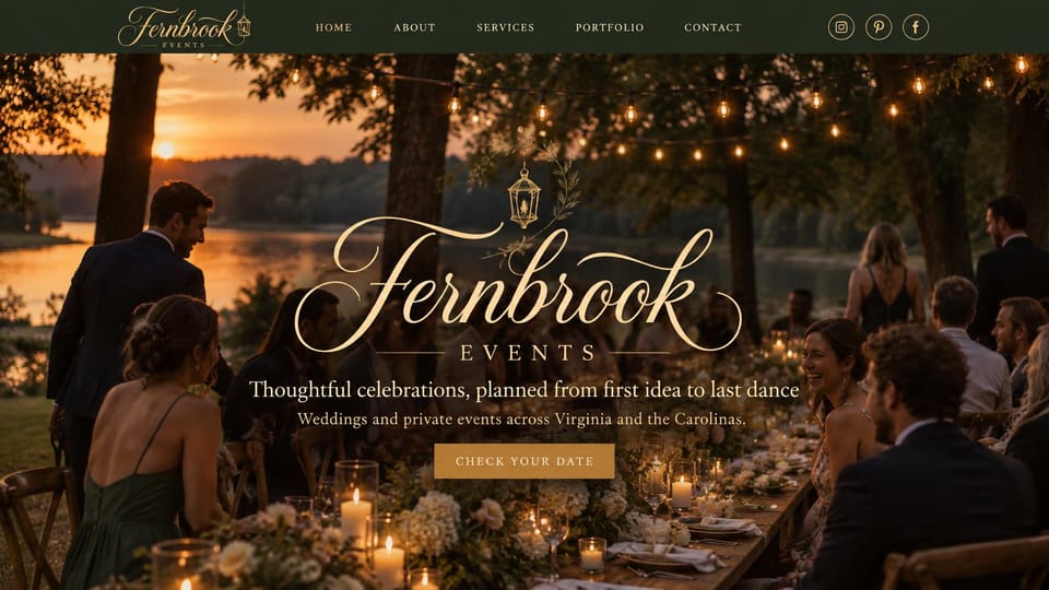 Event planner website design, regional planner with a script logo centerpiece: dark green nav bar, lakeside dinner party at sunset under string lights, large gold script logo, gold date button