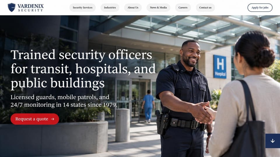 Security company website design, hospital and transit security, warm and welcoming: white menu with pill links, an officer shaking hands with a visitor outside a hospital entrance, a large white serif headline and a red button