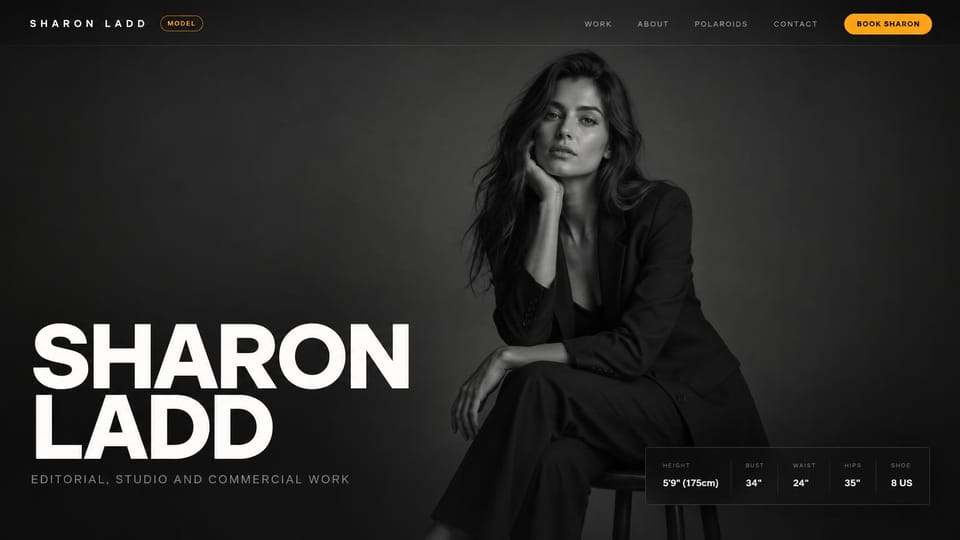 Model portfolio website design, editorial model with a bold name and measurements card: black and white photo of a woman in a dark suit on a stool, a huge white sans name at lower left, a measurements card, an orange booking button