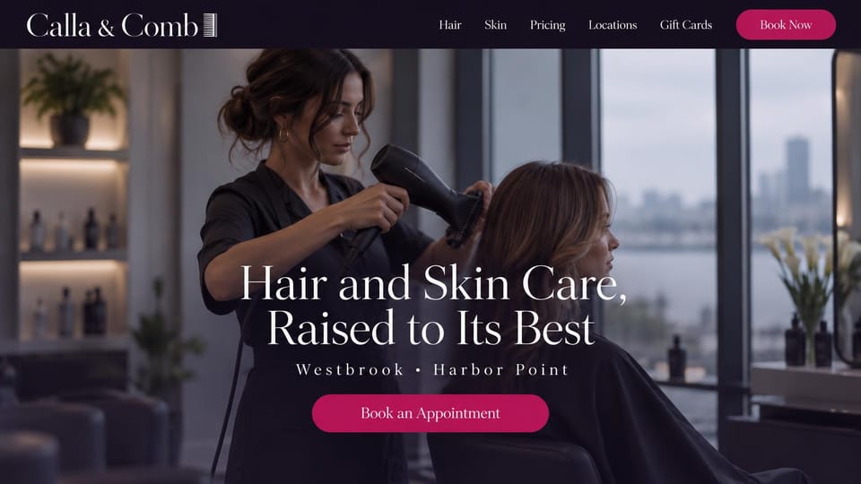 Salon website design, hair and skin salon with two locations: deep plum menu bar, a stylist blow-drying hair by a city window, white serif headline and a pink button
