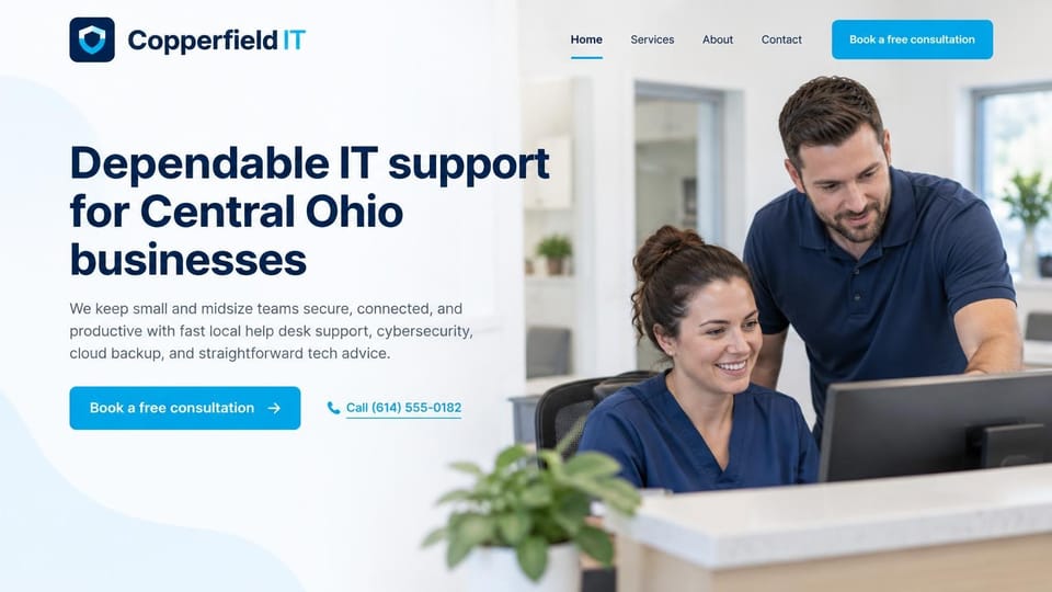 IT company website design, local help desk with a clinic front desk photo: white page, large navy headline, blue consultation button and a call link, a technician helping a woman in scrubs at a bright front desk