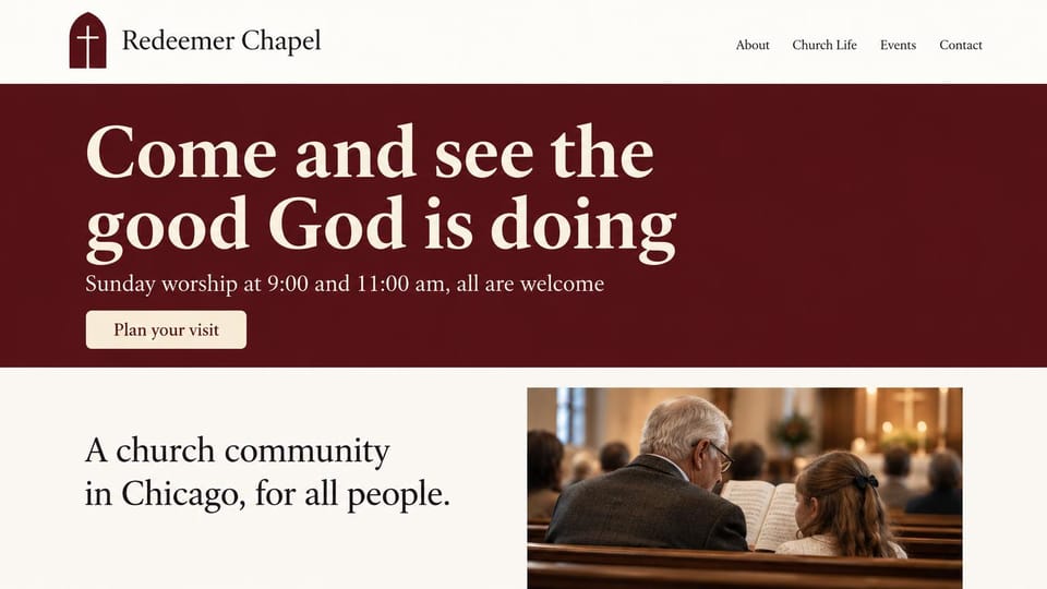 Church website design, city church on a deep red block: deep maroon block with a large cream serif headline, cream page and a photo of people in pews below