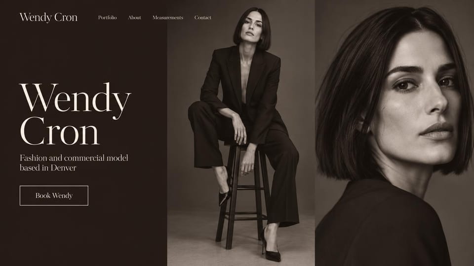 Model portfolio website design, fashion model in sepia with a stool portrait: sepia page, a huge cream serif name, an outlined button, a woman with a dark bob in a black suit on a tall stool and a large close-up