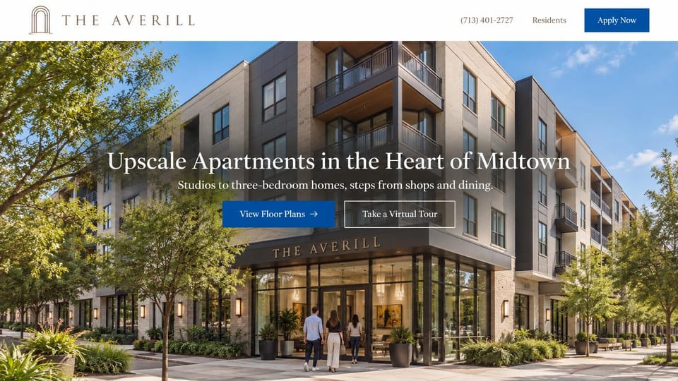 Apartment website design, midtown building with residents walking in: white header with a blue apply button, a mid-rise corner building with its name over the lobby and three people walking in, centered white serif headline