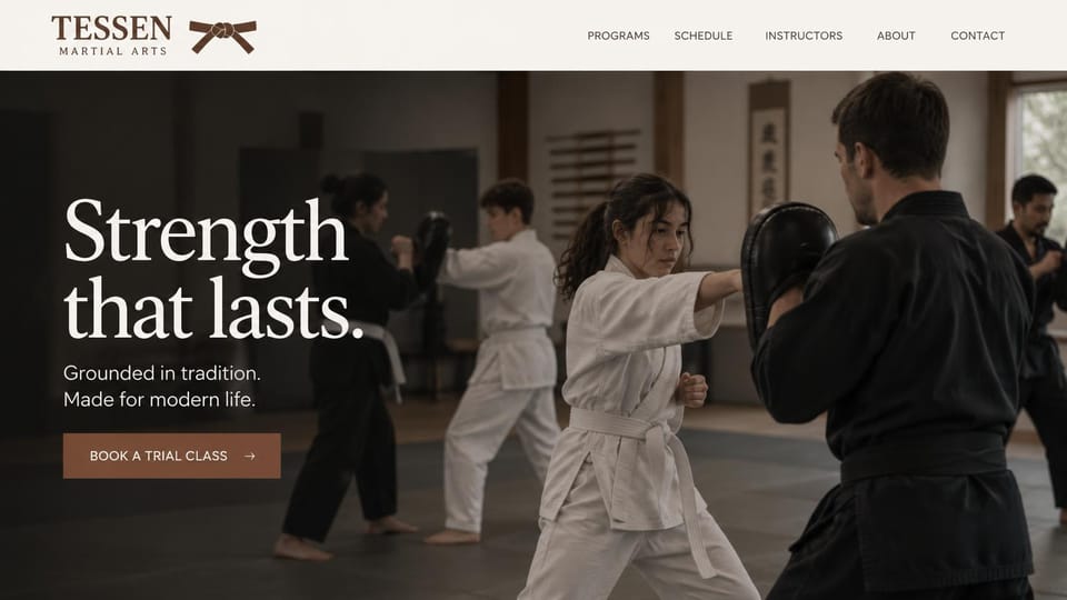 Martial arts website design, traditional dojo with a quiet serif promise: cream header with a brown belt logo, a full-width dark photo of students in white gis striking pads held by instructors in black, a large white serif headline and a brown button
