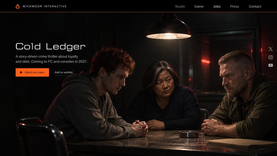 Gaming website design, crime thriller reveal with a cinematic still: near-black page, a photo of three people at a table under a hanging lamp, thin white title, an orange trailer button