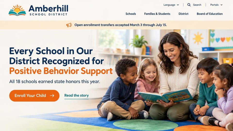 School website design, school district sharing good news under an enrollment bar: cream page, an announcement bar, a navy and orange headline, an orange button and a teacher reading to young children on a rug