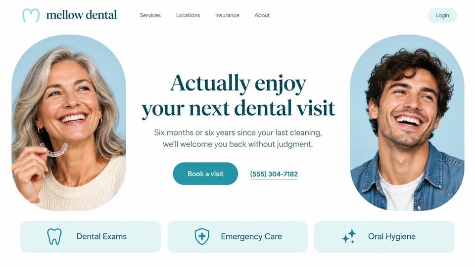 Dental website design, welcome back after a long break: white and pale teal, a centered serif headline between two arched portraits of smiling patients