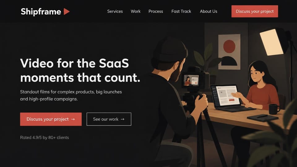 Videographer website design, software launch videos with an illustrated studio shoot: near-black page, a large white headline, a coral project button and an outlined work button, an illustration of a camera operator filming a woman at a laptop under a softbox