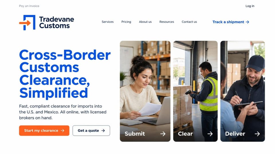 Logistics website design, customs clearance with submit, clear and deliver panels: white page, large bright blue headline, three rounded photo panels of a woman reviewing papers at a laptop, a worker in a hi-vis vest scanning pallets, and a driver getting a signature on a tablet, orange start button, outlined quote button, blue tracking link