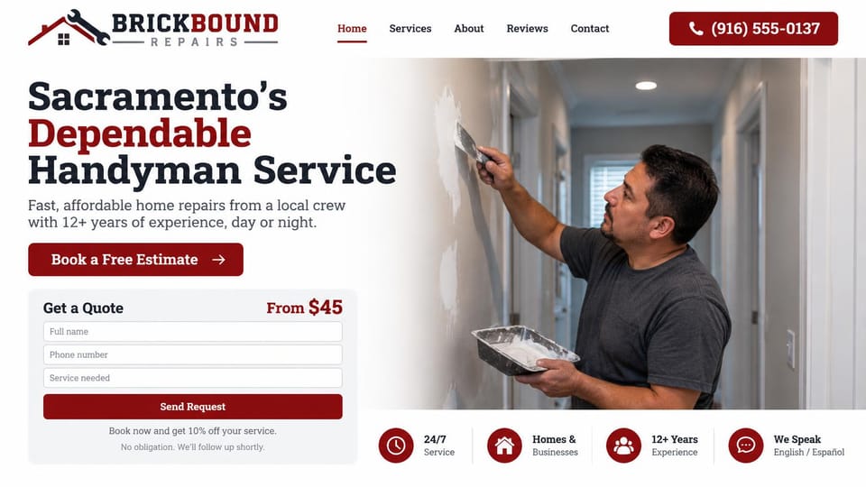 Handyman website design, bilingual handyman with a quote form up front: white page, dark slab serif headline with a deep red word, red estimate button, a gray quote form with a starting price, a man patching a hallway wall, four red icon promises