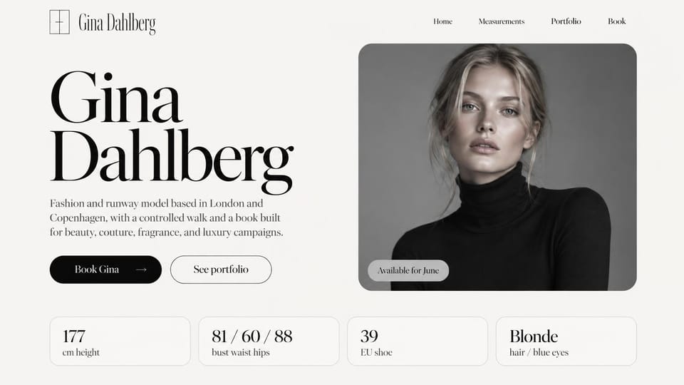 Model portfolio website design, runway model with a row of measurement cards: off-white page, a huge black serif name, black and outlined pill buttons, a black and white portrait in a rounded frame and four stat cards