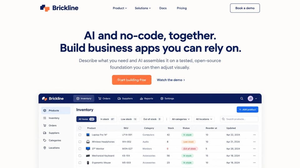 SaaS website design, no-code app builder with an inventory screen: white page, centered navy headline, an orange button and an inventory table app below