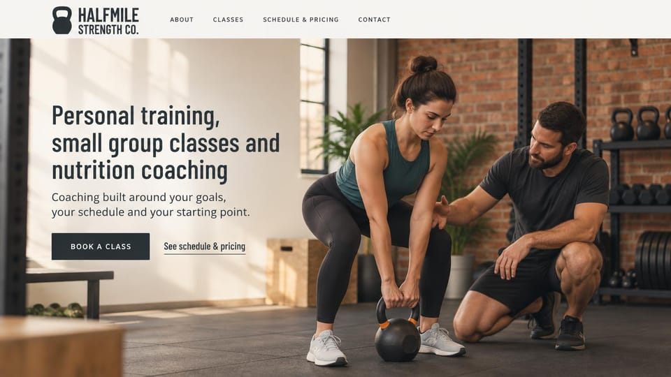 Personal trainer website design, personal training, small groups and nutrition in one gym: light page, a condensed dark headline, a dark book a class button and a schedule link, a trainer kneeling beside a woman's kettlebell deadlift in a brick gym