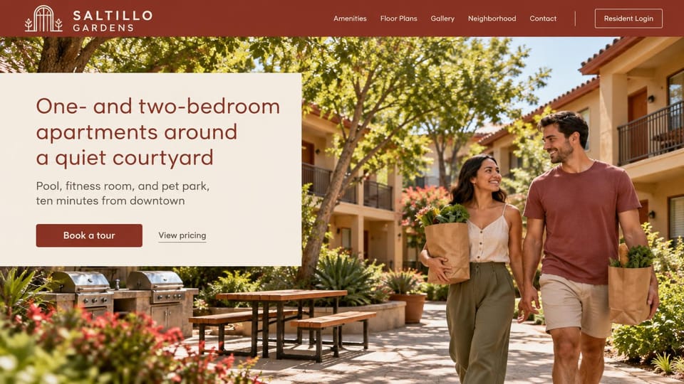 Apartment website design, spanish-style courtyard apartments in terracotta: terracotta header with a gate icon, a cream panel with a terracotta headline and tour button over a sunny stucco courtyard with a couple carrying groceries