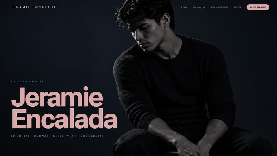 Model portfolio website design, male model with a blush pink name on black: near-black page, a huge blush pink sans name, spaced blue-gray labels and a pink booking button beside a grayscale portrait of a seated young man