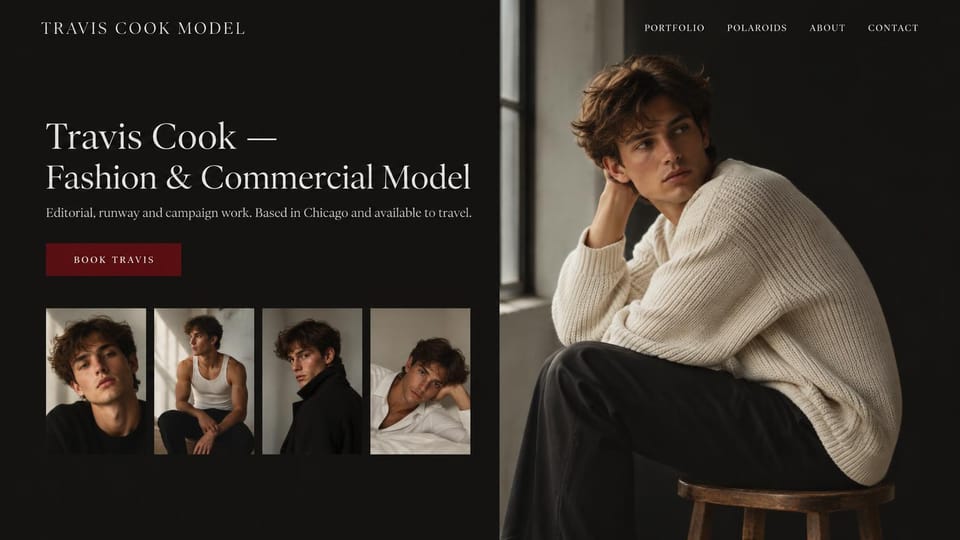 Model portfolio website design, male runway model by a window with four thumbnails: near-black page, a cream serif headline, a deep red booking button, four small photos and a curly-haired young man in a cream cable knit sweater by a window