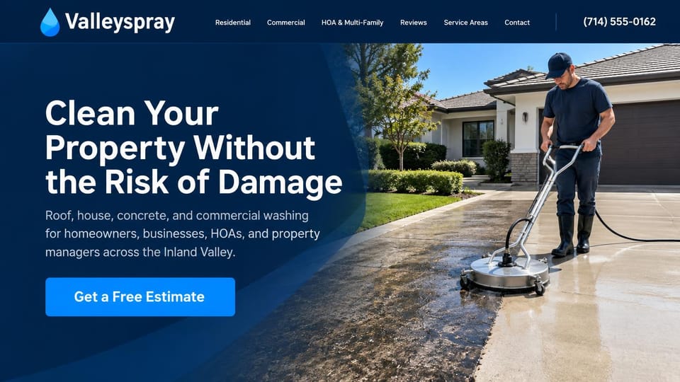 Pressure washing website design, property washing for homes, HOAs and managers: dark navy panel with a curved edge, a large white headline and a bright blue estimate button, a worker running a surface cleaner on a driveway in front of a white home