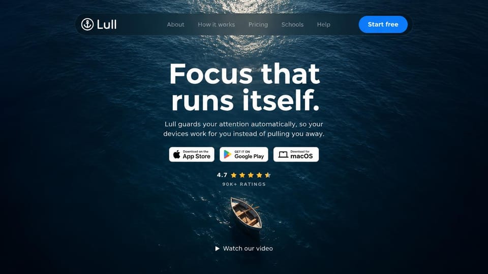Mobile app website design, focus app on a deep blue sea: deep blue ocean from above with a small boat, a centered white headline and three store badges