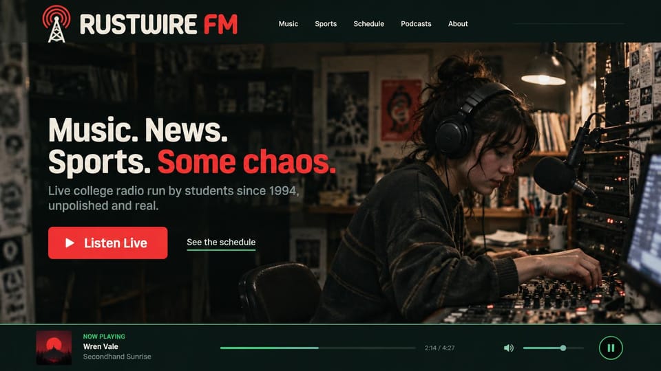 Radio station website design, student-run college radio, dark and loud: dark studio photo of a student DJ in headphones at a mixing desk, a white and red headline, a red listen button and a dark player bar with a green progress line
